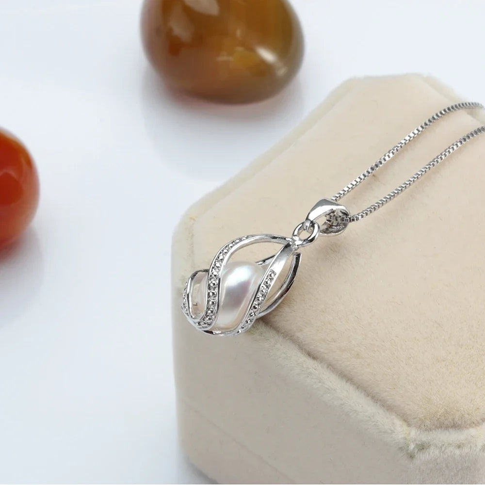 100% Natural Freshwater Pearl Cage Pendant for Women 925 sterling Silver White Pearl Pendant Necklace Jewelry with 45 Chain