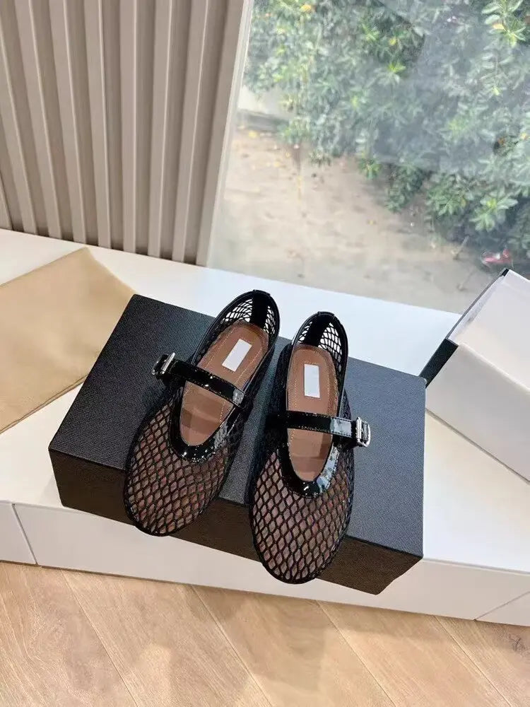 Designer brand original mesh buckle ballet sandals with women's hollow flat bottom Mary Jane mesh fishing net shoes