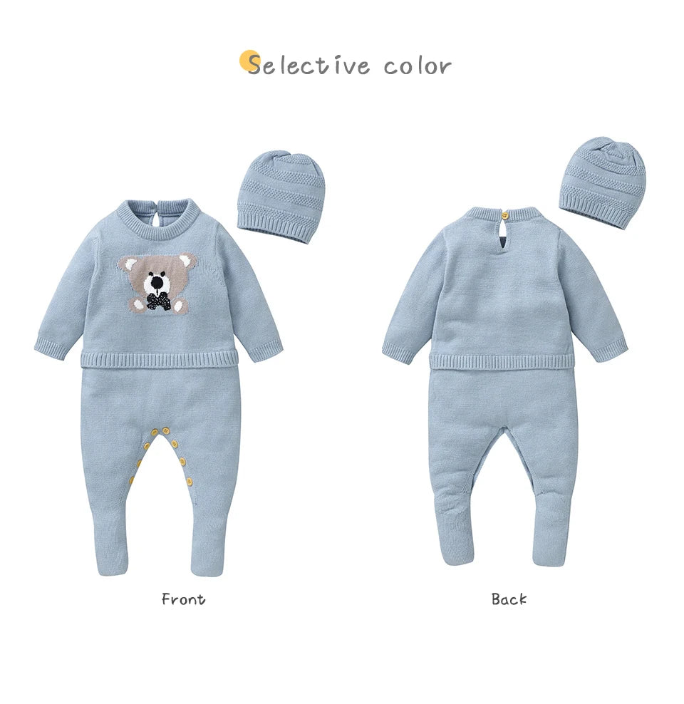 Sweet Autumn Winter Long Sleeve Baby Boys & Girls Rompers + Hat Outfits Soft Knitwear Newborn Infant Bodysuit Jumpsuit Playsuit