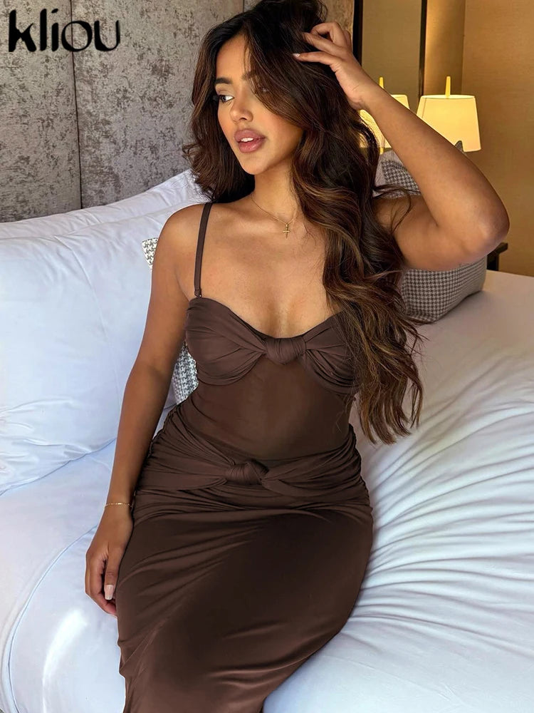 kliou Mesh Suspendency Women Maxi Dress Sexy See Through Tied Patchwork Low Neck Backless Bodycon Female Fashion Party Vestidos