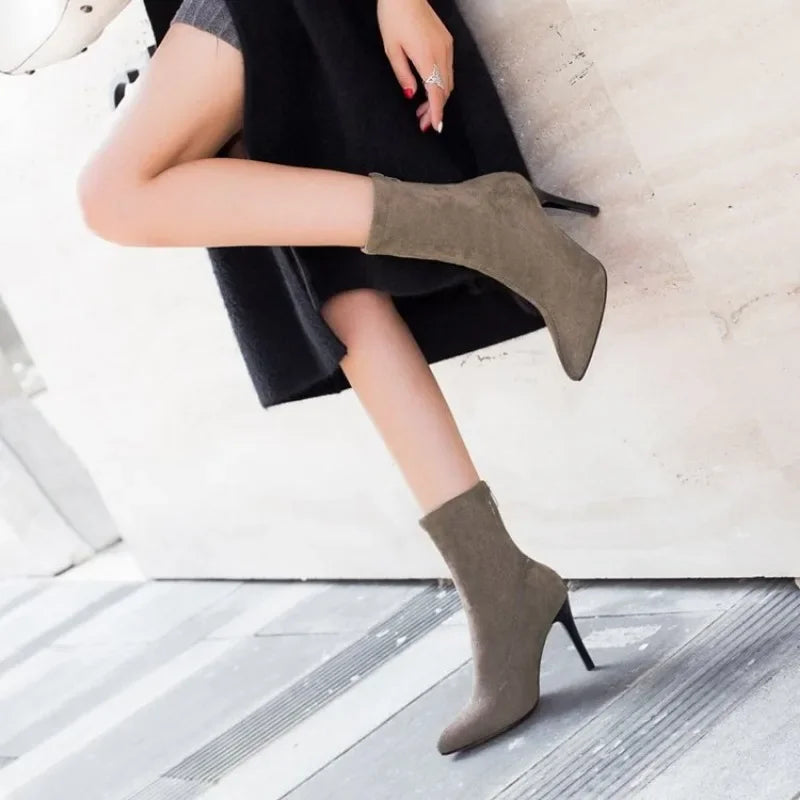 2024 Women Boots Short High Heels Shoes for Women Autumn Suede Imitation Leather Ankle Boots Black Sock Women Heels Boots Female