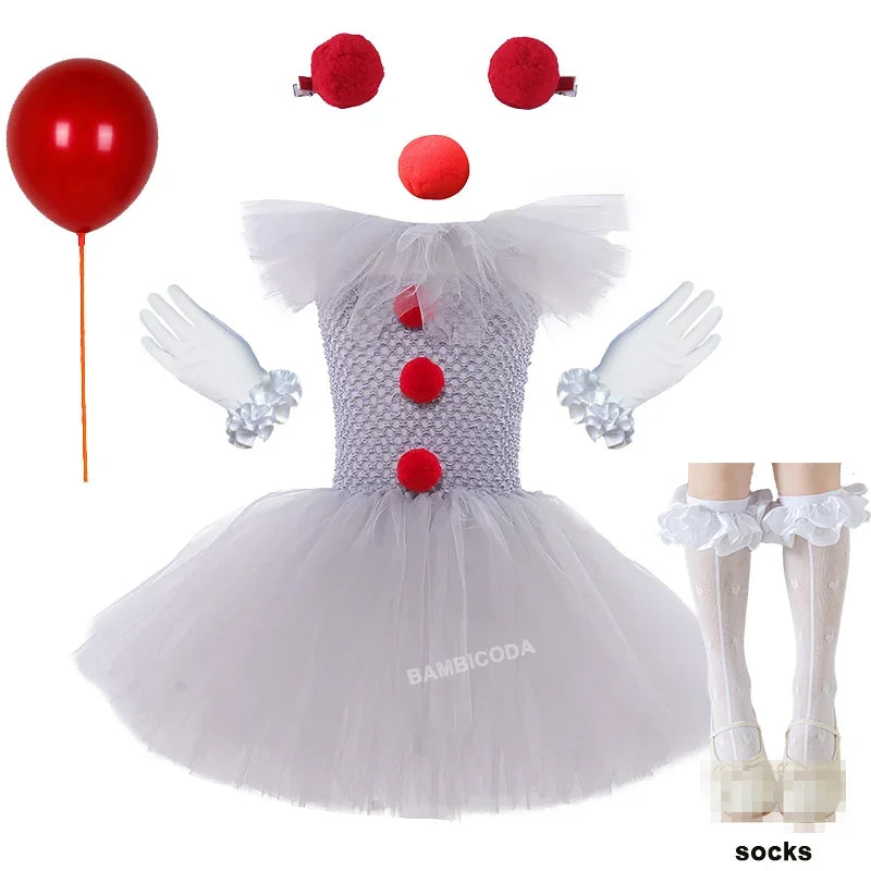 Halloween Pennywise Costume Creepy Clown Gray Tutu Dress Outfit Girls Fancy Carnival Party Tulle Dresses Joker Clothes