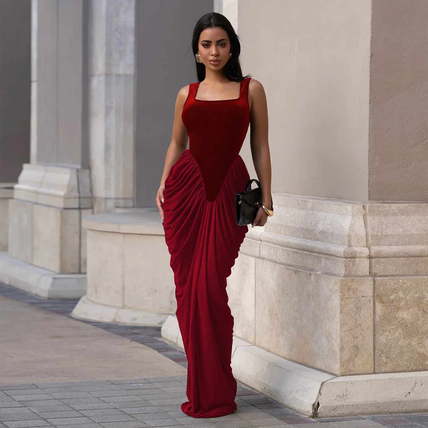 GLCMYAYA Women Velvet Stacked Ruched Sleeveless Bodycon Long Maxi Dresses 2026 Fall Party Trendy Birthday Evening Dress Vestidos