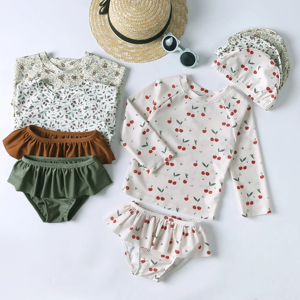 Kids Girls Swimsuit Summer Bikini Girl Swim Suit Long Sleeve Children Swimwear with Hats