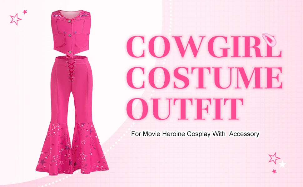 Girls Margot Movie Cospaly Costume Pink Vest Top And Flared Trousers For Kids Barbe Halloween Birthday Party Carnival Outfits