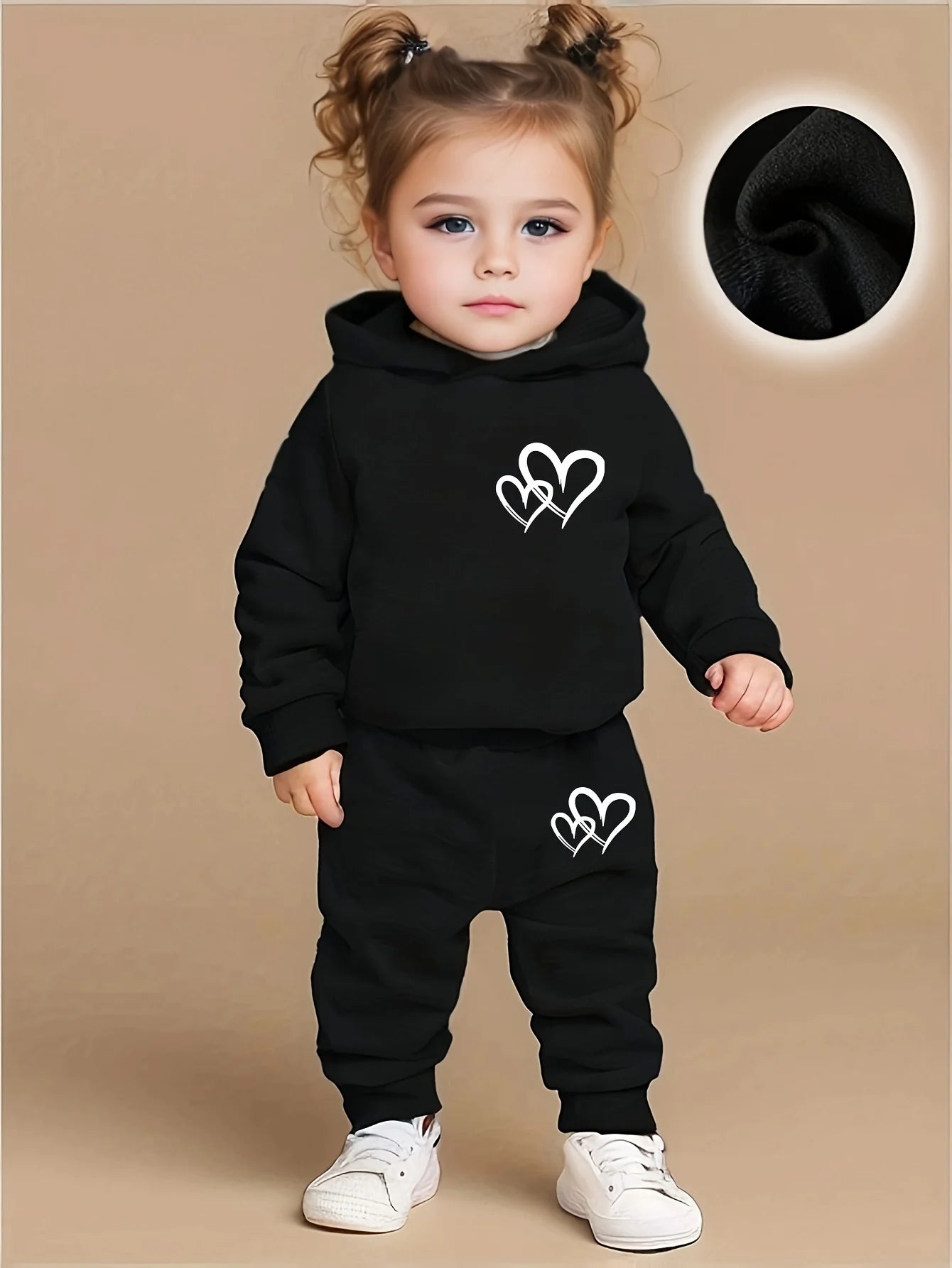 Girls' Toddler/Kid Autumn & Winter 2-Piece Set: Hooded Fleece Sweatshirt with Heart Pattern + Casual Athletic Pants