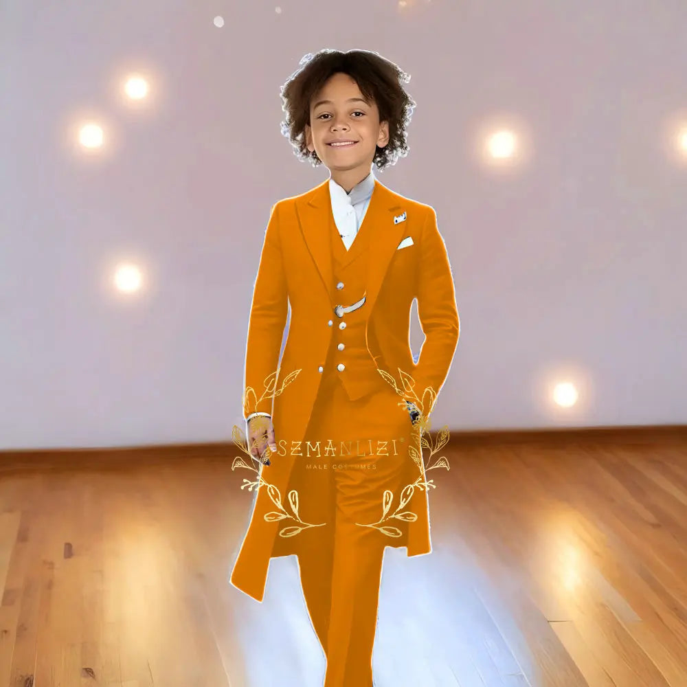 Children Formal Tuxedos Boys Suit Light Grey Long Jacket Vest Pants Sets for Piano Performance Birthday Party Costume Tailored