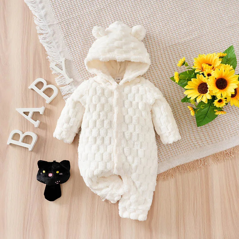Newborn Baby Romper Winter Flannel White Hooded ears long sleeve Unisex Baby Bodysuits 0-18 months Boy Girl Comfort Clothes