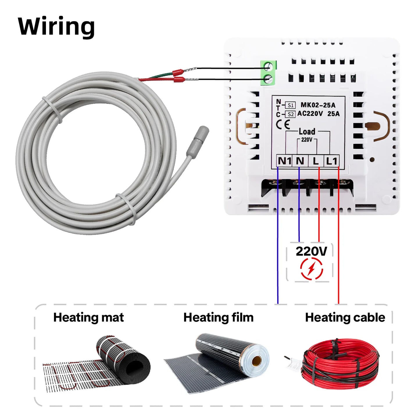 AC200~240V Floor Heating Room Temperature Controller MAX 25A 4500W Digital Thermostat with 3m Probe Sensor