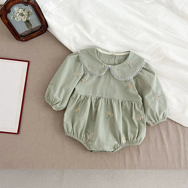 0-24M New Newborn Baby Girl Lapel Korean Style Bodysuit Autumn Long Sleeved Cotton Embroidery Climbing Suit Baby Girl Clothing