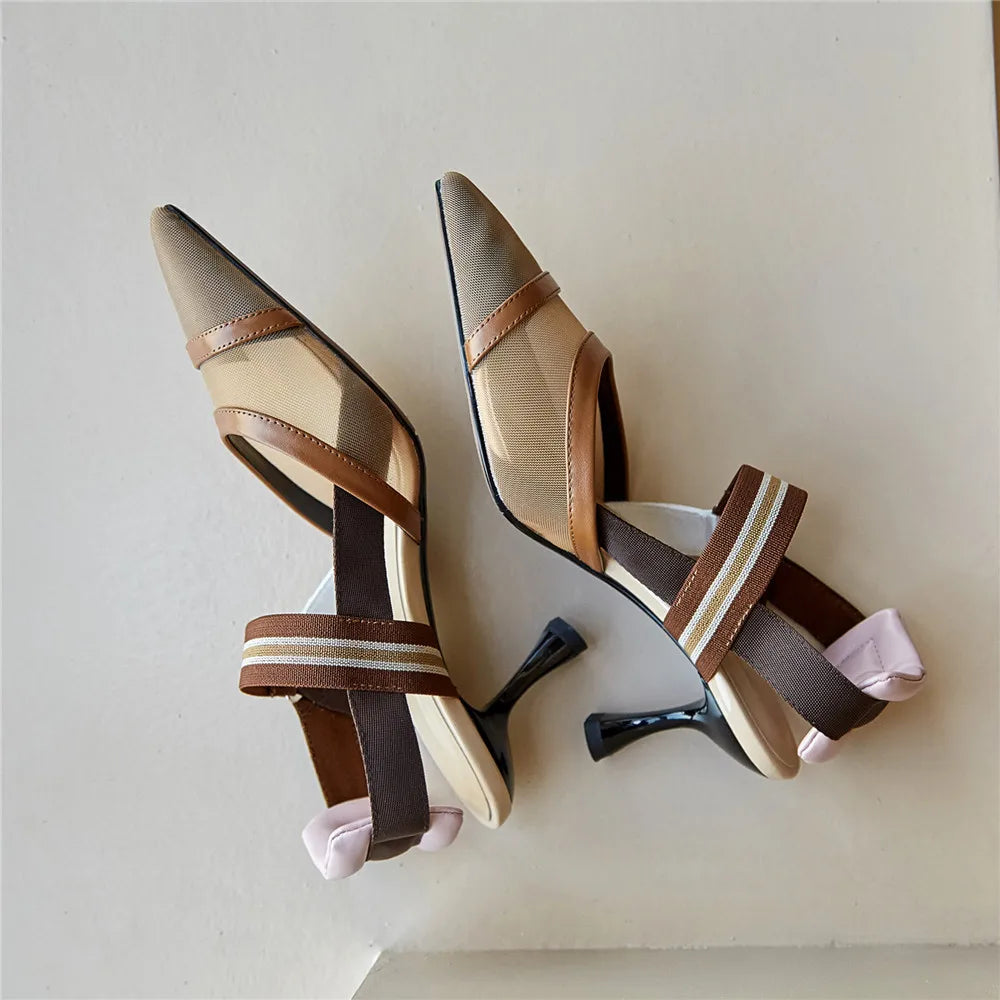 Aucegi Pointy Toe Thin High Heel Slingback Sandals Women Brand Design Elegant Genuine Leather Splicing Mesh Party Dress Shoes