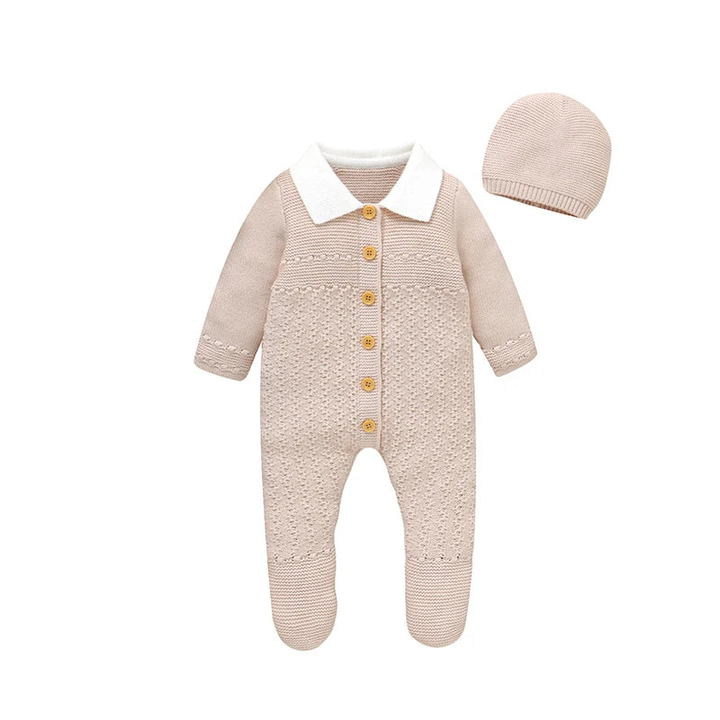 Baby Rompers Set Knit Infant Children Clothes Hat 0-9M Fashion Solid Newborn Girls Jumpsuit Long Sleeve Overalls Pantyhose 2pcs