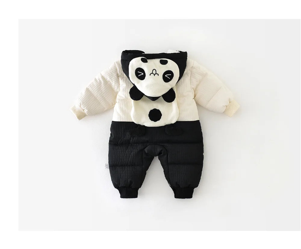 2024 Winter Baby Long Sleeve Warm Hooded Romper Cute Panda Print Newborn Plus Velvet Thick Jumpsuit Infant Girl Boy Warm Clothes