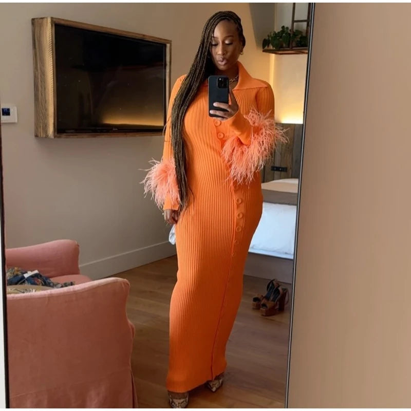 Sexy Knitted Fur Long Party Dress Women Solid Patchwork Full Sleeve V-neck Single Breasted Slim Dresses 2025 Fashion Evening Rob