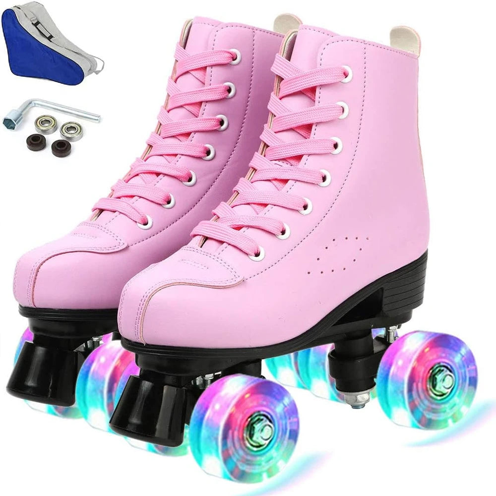 Pink Roller Skate Shoes PU Leather Roller Skates Skating Shoes Sliding Inline Quad Skates Sneakers 4 Wheels Flash Wheel Sneakers