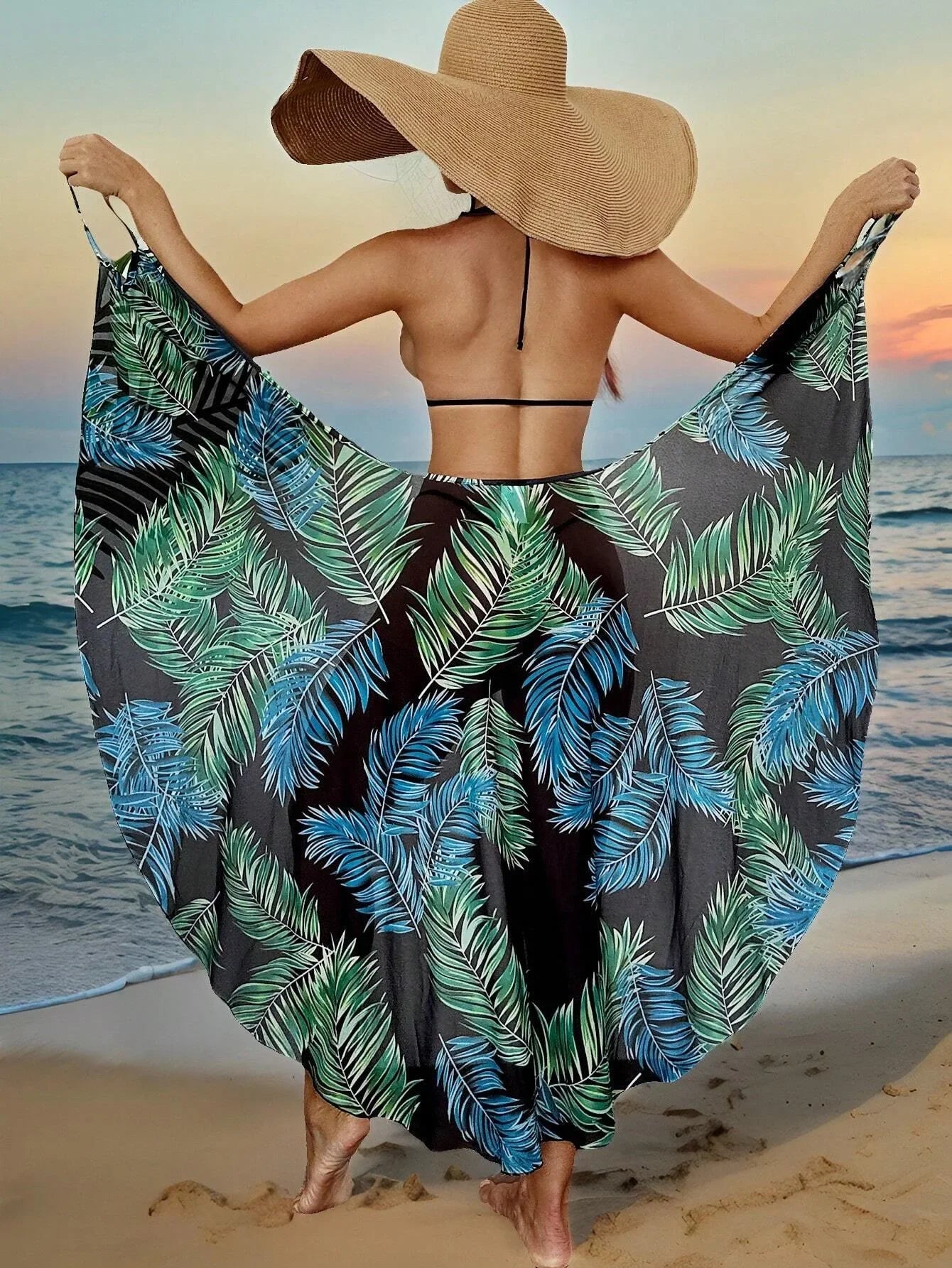 Summer Beach Cover-Ups Sexy Women Leaves Print Wrap Dress Sun Protection Bikini Cover Up Sarongs Female Bathing Suit Swimwears