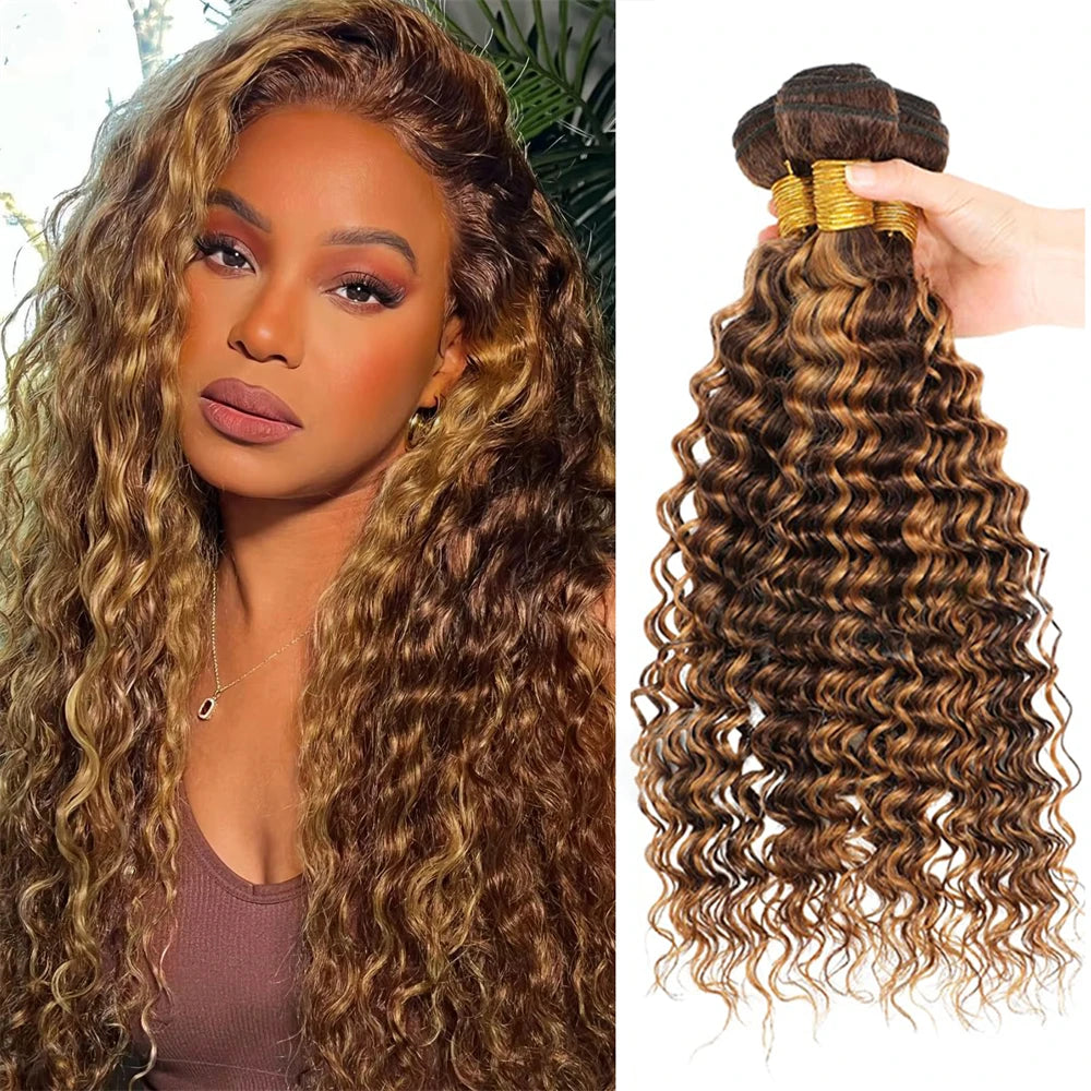 4/27 Deep Wave Highlight Burmese Curly Hair Bundles Honey Blonde Brown Curly Hair Weave 1/3/4 Bundles Deal Virgin Hair Extension