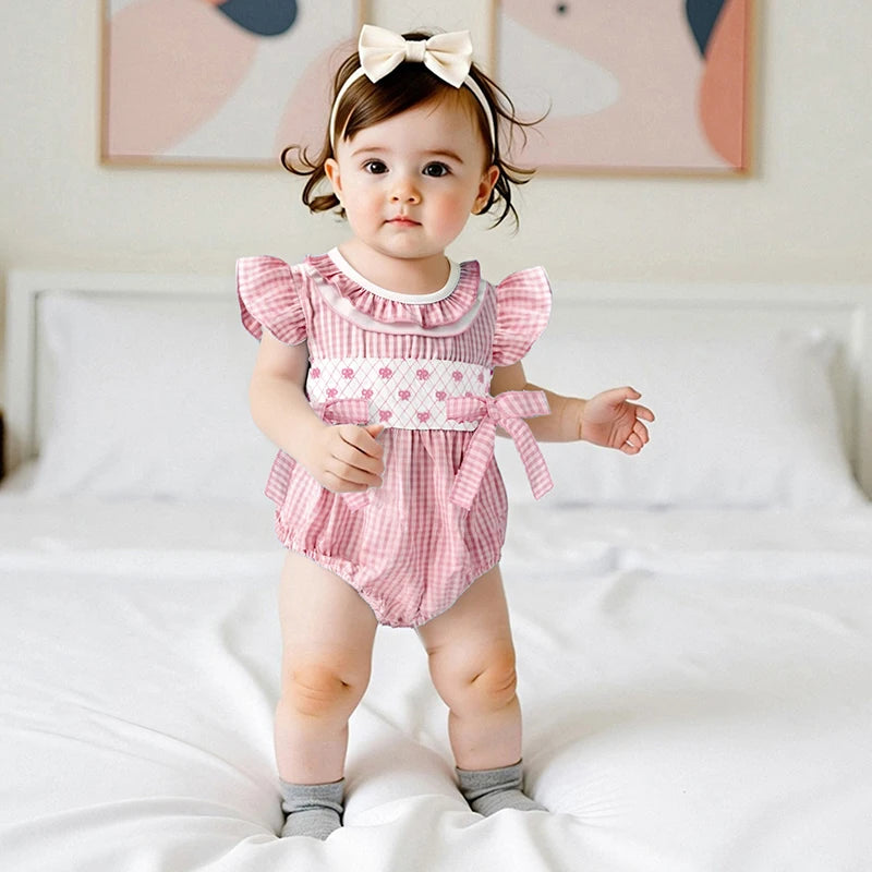 Infant Baby Girl Summer Romper Outfit Ruffle Short Sleeve Bodysuit Bow Embroidery Plaid Jumpsuit 0-18M