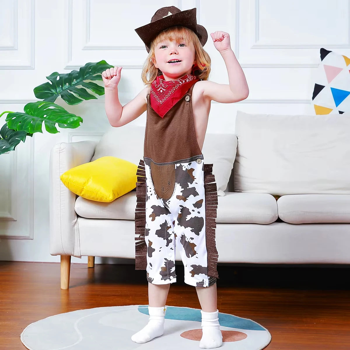 Cowboy Rompers for Baby Boys Toddler Infant Halloween Birthday Party Cosplay Fancy Dress Carnival Outfit +Hat+Scarf 3PCS
