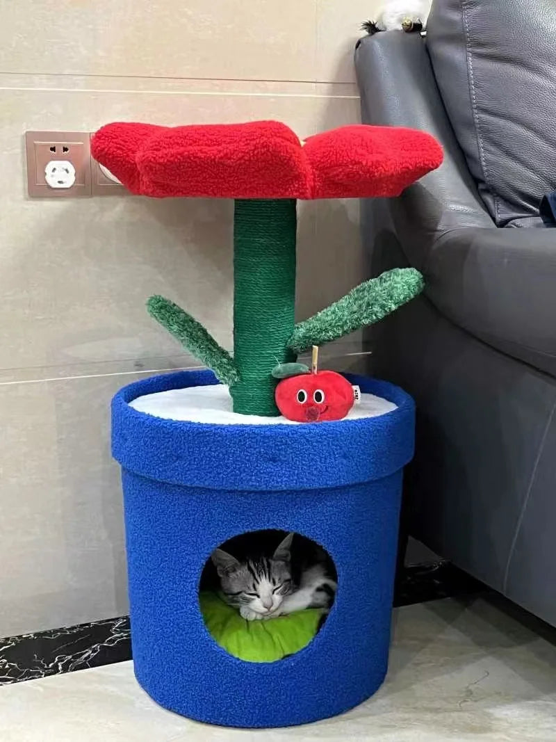 Red Flower Potted Cat Tree with Integrated Cat Bed Below Medium-Sized Cat Tree (Suitable for Cats Under 15 lbs)
