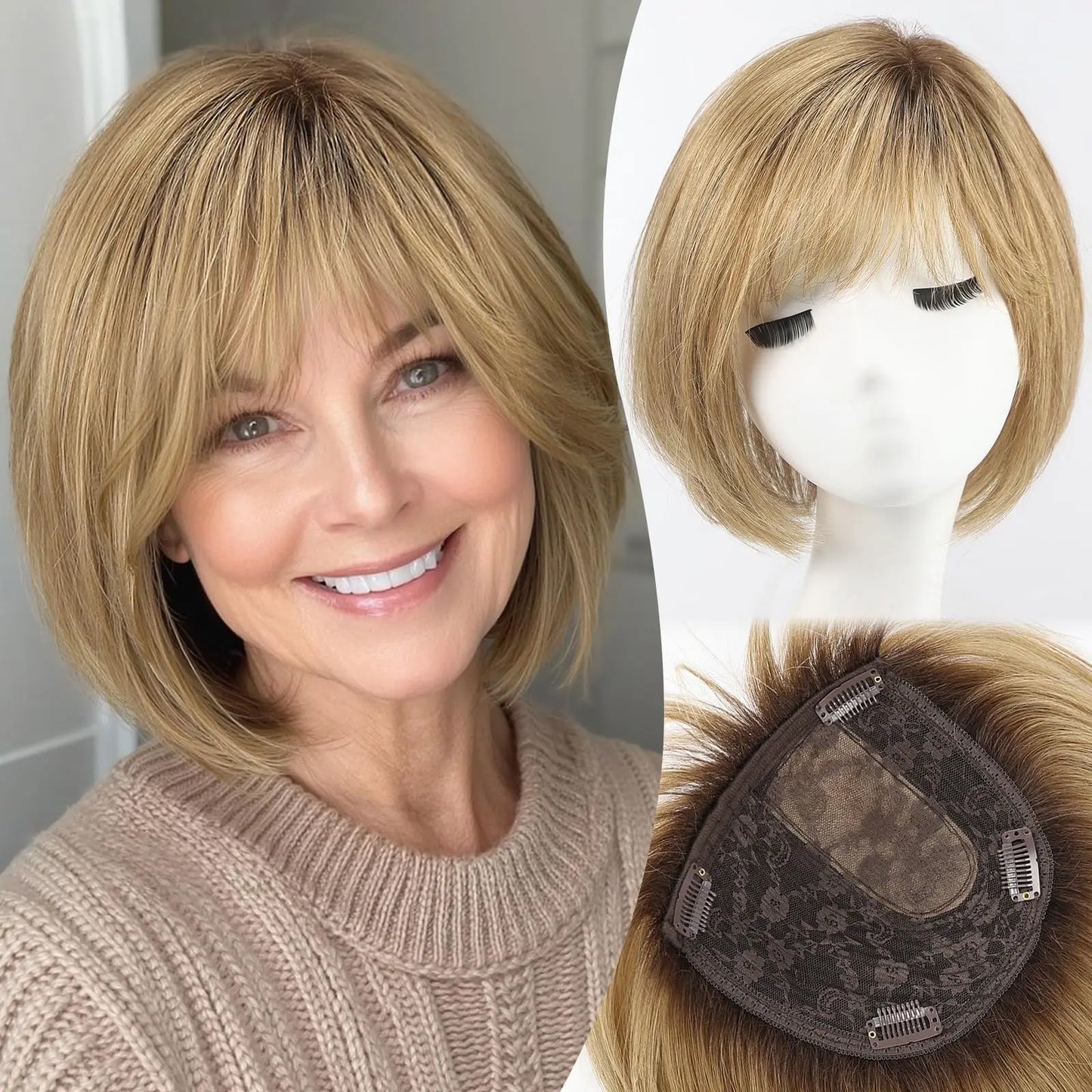 Ombre Gray Blonde Real Human Hair Toppers 6.5*6.5inch Large Base 4Clips Topper 10inch Hair Topper for Women with Bangs Side Part