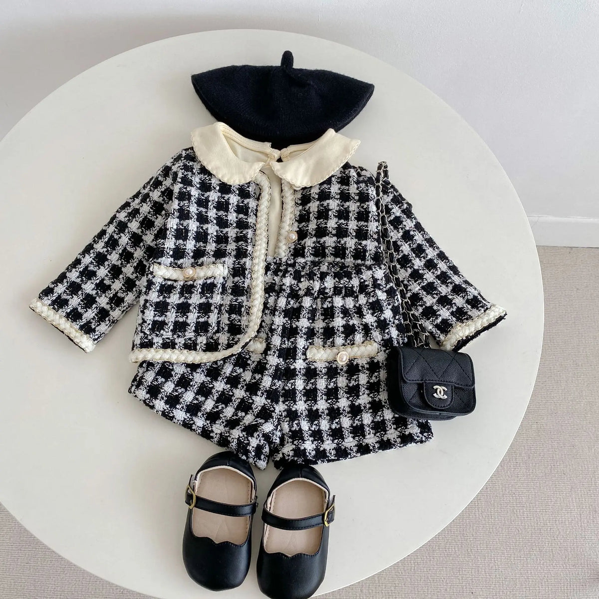 Girl Clothing Set 2026 Spring Baby Tweed Plaid Girl's Two Piece Suit Jacket+ Short Pants Sweet Girl's Suit