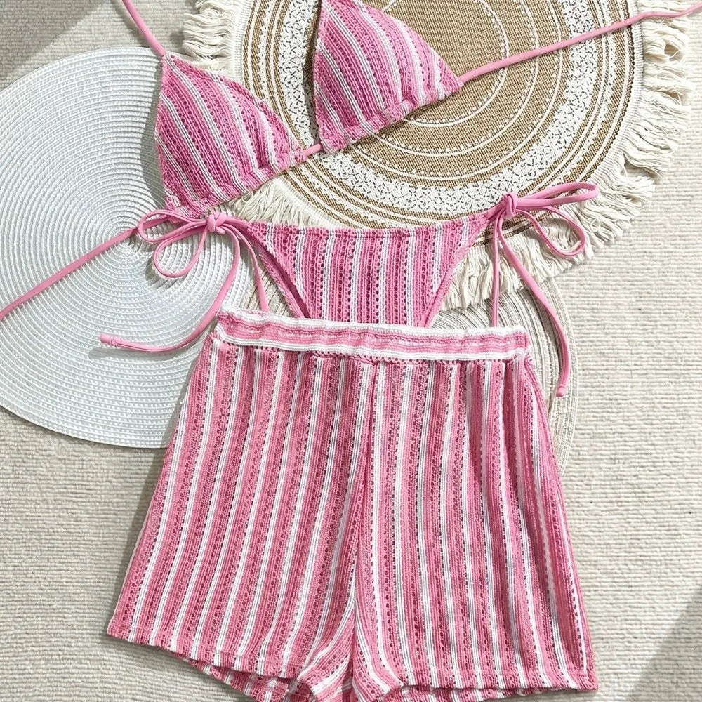 Fashion Stripes 3 in 1 Swimwear Set Lace Up Slim Fit Bikini Bathing Suit Deep-V Sleeveless Knitting Swimsuit Vacation