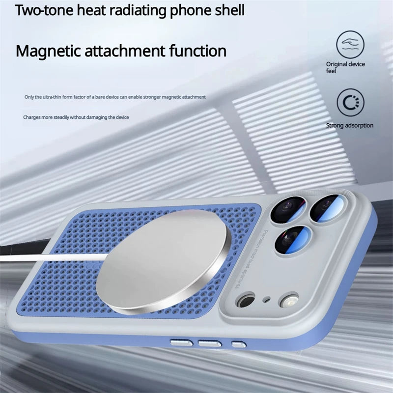 Heat Dissipation Mesh Magnetic Case for iPhone 17 15 14 13 12 16 Pro Max Plus For Magsafe Lens Protector Shockproof Bumper Cover