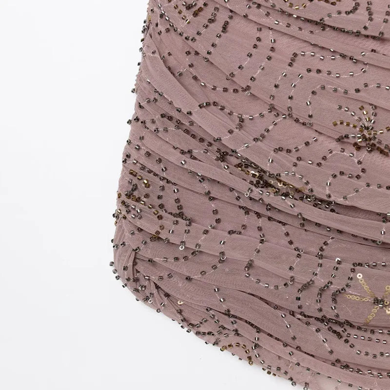 Sequin Rhinestone Woman Summer Dress Short Prom Backless Mini Dresses  V-Neck Halter Tops Mini Dress Pink Pleated Ladies Clothes