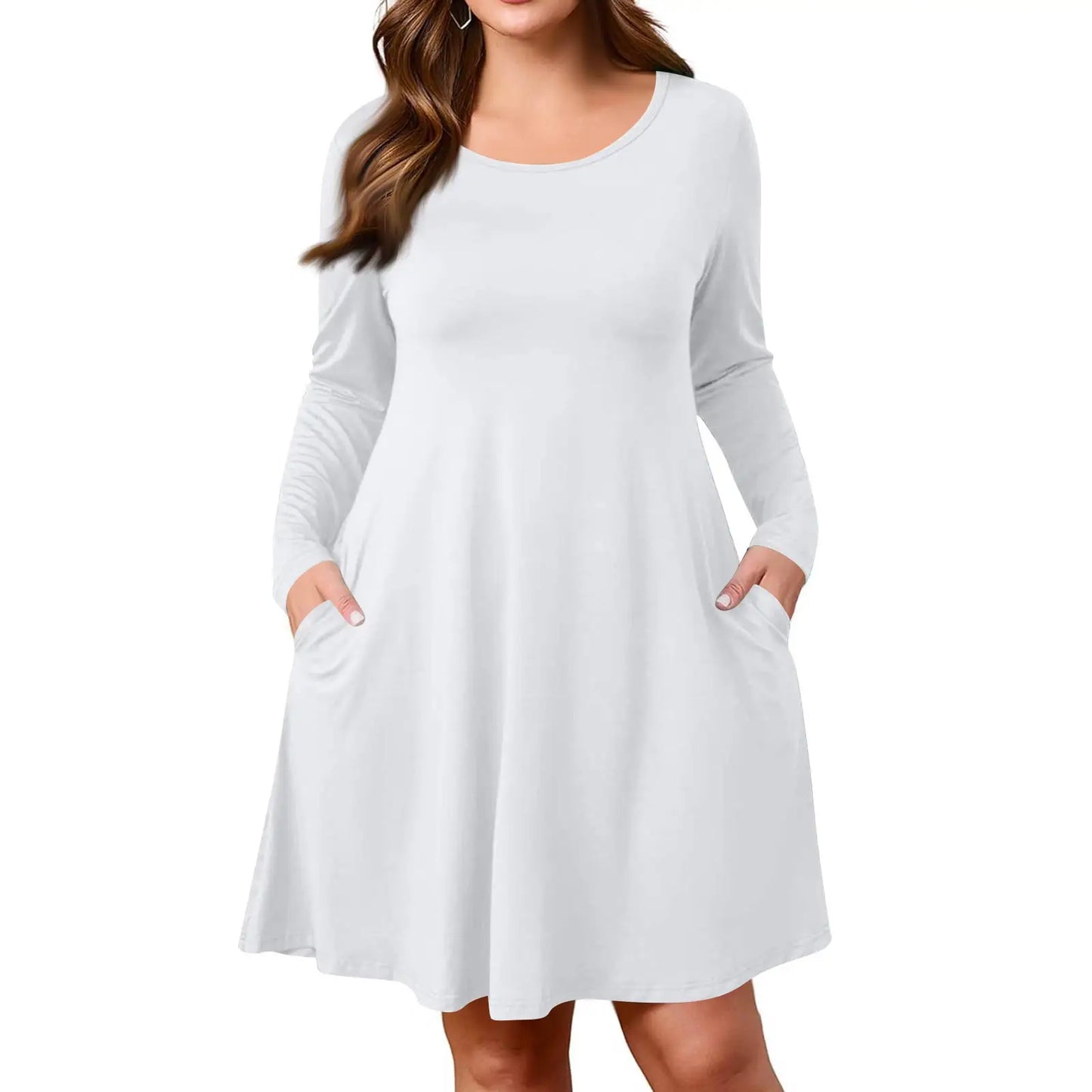 Plus Size Dress for Women Solid-Colour Casual Dress Spring/Autumn Pocket Round Neck Long-Sleeved Dresses vestidos femenino