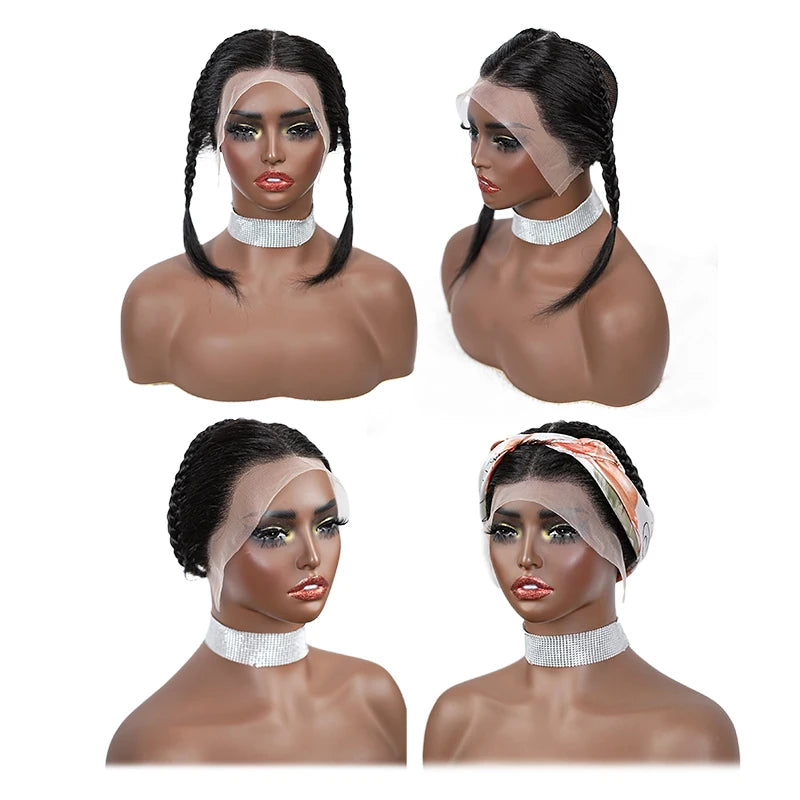10 Inches 13x4 Inch Lace Front Plait Wig Black Gele Frontal Wig 100% Human Hair with Baby Hair Wig for Women