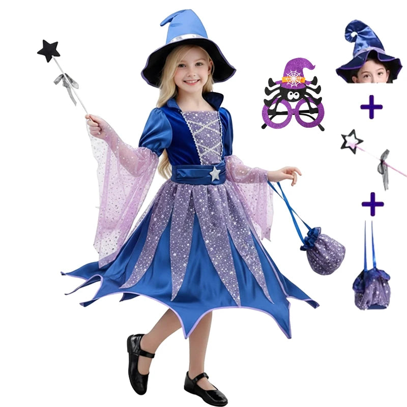 2026 Girls Halloween Cosplay Witch Dress With Hat Bag Costume Carnival Vestidos Kids Party Cosplay Dress Children Costume