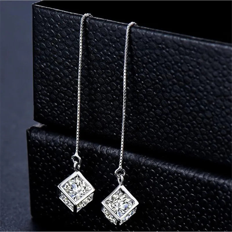 925 Sterling Silver Long Tassel Crystal Square Cube Zirconia Drop Earrings For Women Girs Sterling-silver-jewelry Pendiente
