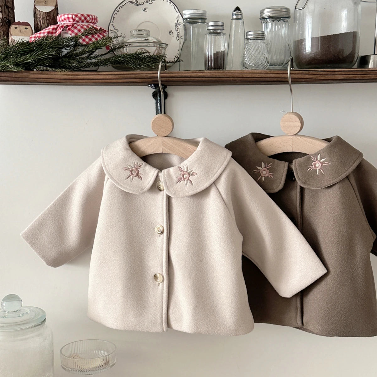 2026 Autumn Winter Baby Woolen Fabric Outerwear Sun Embroidery Collar Warm Coat for Infant Toddler Daily Jacket