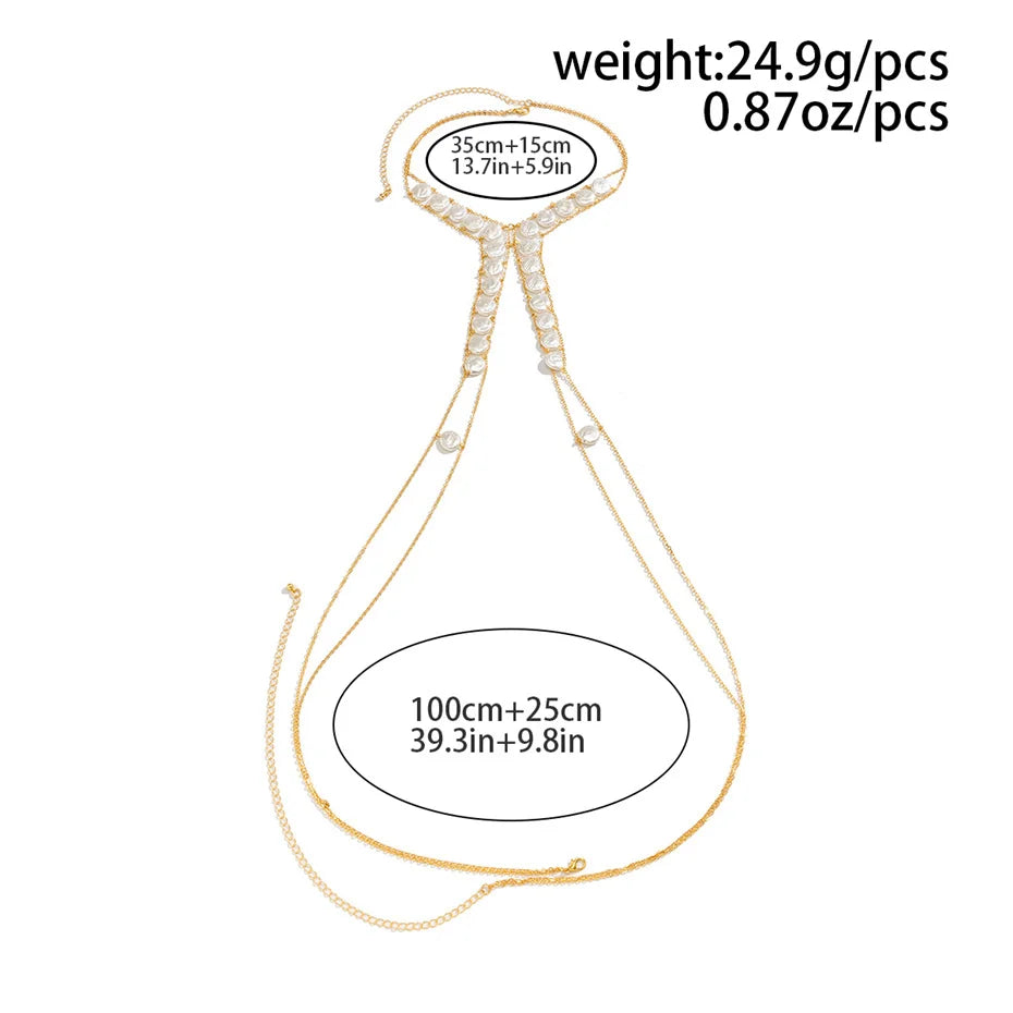 Sexy Boho Imitation Pearl Cross Chest Breast Belly Body Chain Necklace for Women Wed Waist Bikinis Summer Y2K Accessories