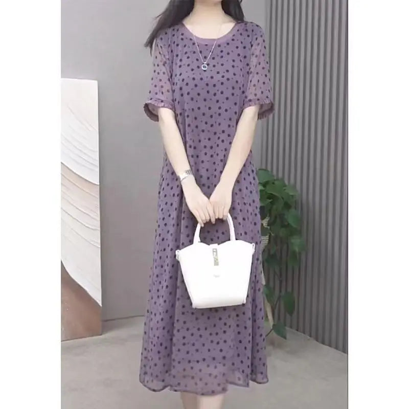 Elegant O-Neck Printed Polka Dot Chiffon Short Sleeve Dress Women's Clothing 2024 Summer New Loose Office Lady Midi Dress