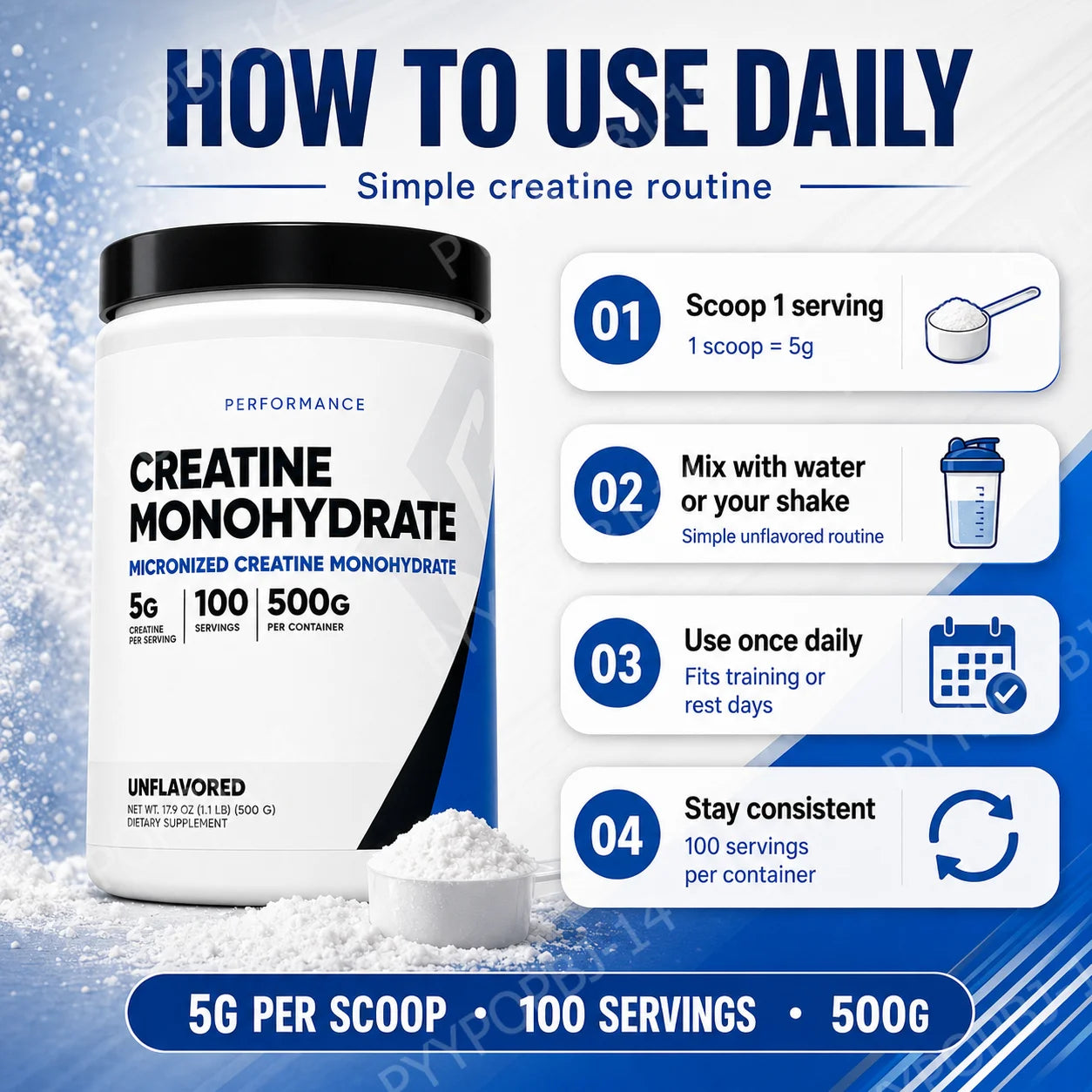 Creatine Monohydrate Micronized Powder Unflavored 5g Per Serving 100 Servings Muscle Energy Strength Power Support 500g