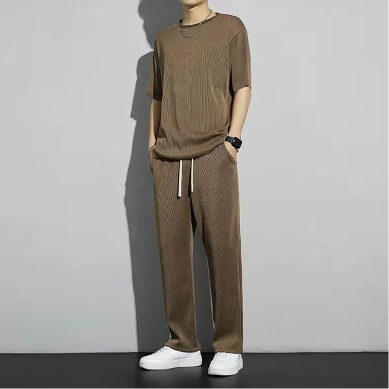 New Ice Silk Sports Set Men's Summer Thin Tracksuit Men 2024 Casual Long Pants Short Sleeve T-shirt Quick Drying Clothes Sets