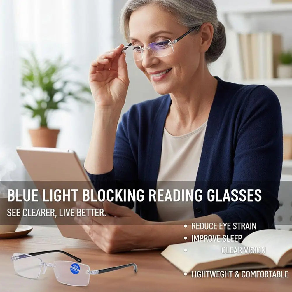 1 Pair New Men Women Rimless Reading Glasses Anti Blue Light Bifocal Far Near Magnification Eyewear Presbyopic Glasses +150 +200