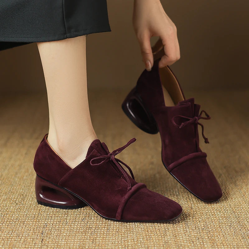 2025 New Women Pumps Sheep Suede Leather Shoes for Square Toe Low Heel Shoes Casual Lace-up Handmade Shoes 34-42 Women Heels