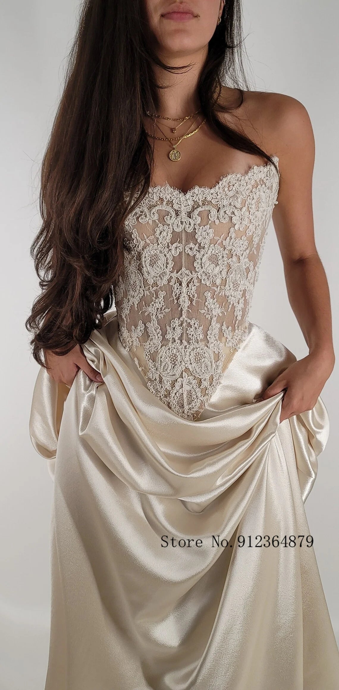 Modern Off Shoulder Beaded Lace Corset Wedding Dress with Satin Skirt and Train, Basque Waist Bridal Gown,