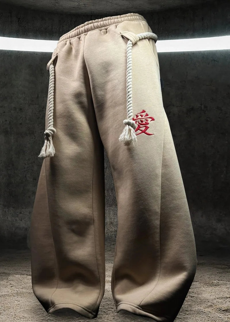 Gaara Anime Embroidery Baggy Wide Leg Sweatpants Removable Thick Drawstring Streetwear Casual Relaxed Fit Trousers for Men Women