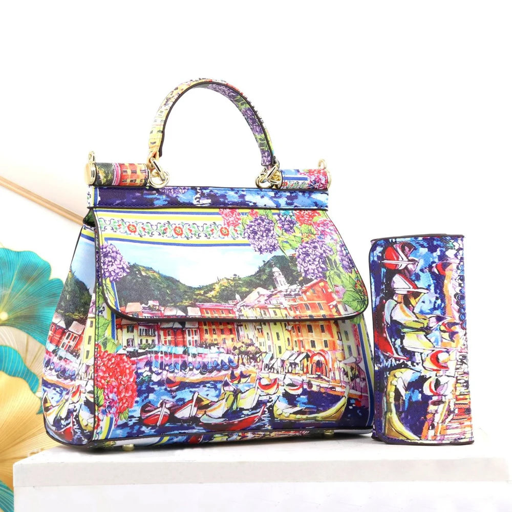 Luxury Women Bags Leather Vintage Painting Art Purse Handbags Girl Shoulder Bag Fashion Cross Body Messenger Bag Female Totes