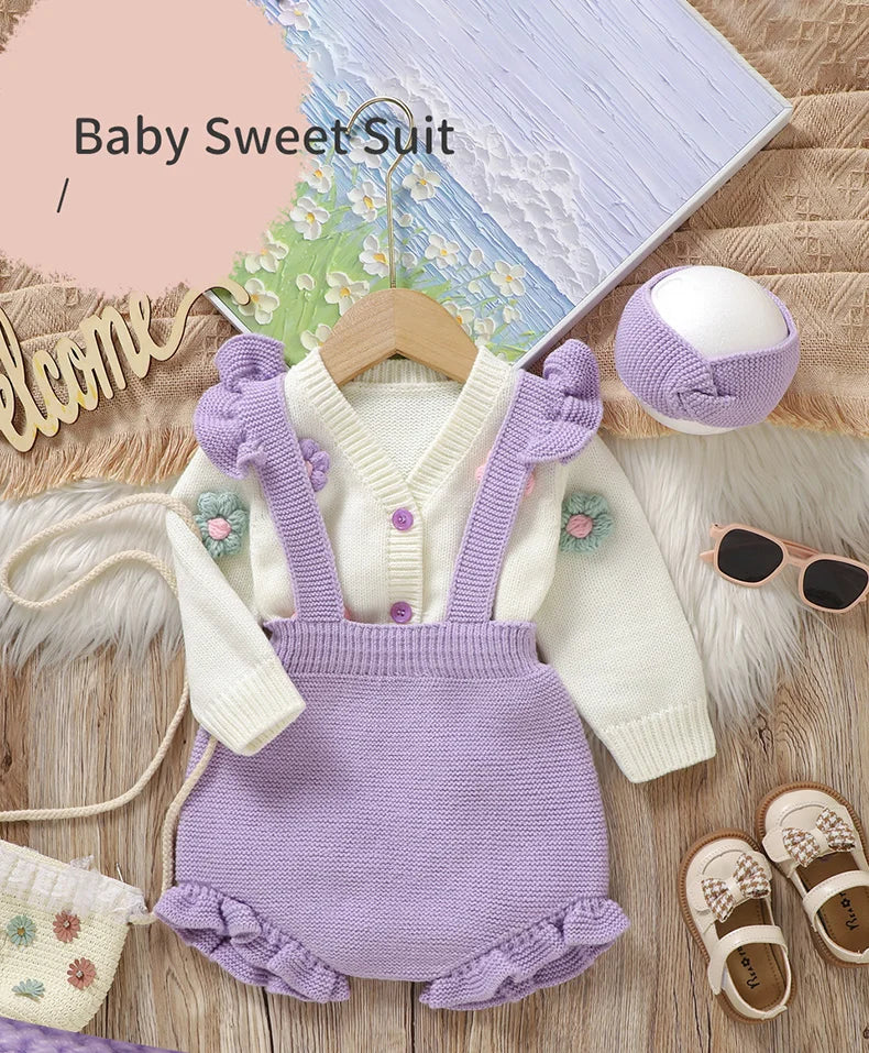Girl Baby Clothes Set Knit Newborn Sweater Long Sleeve +Pants Fashion Ruffle +Hearwear Autumn Infant Cardigan Bodysuit Headdress