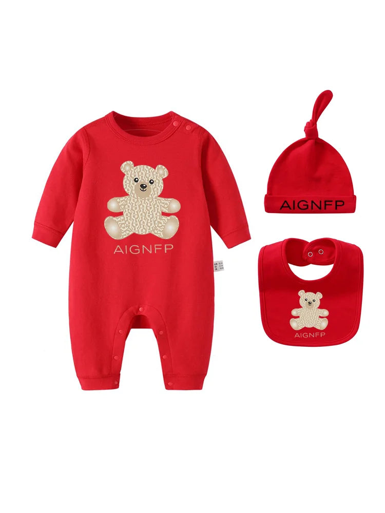 Cute Bear Jumpsuit Newborns Autumn Clothes 2025 Hot Sale New Soft Bib scarf Hat Toddler Romper Sets Baby Long sleeves Bodysuits