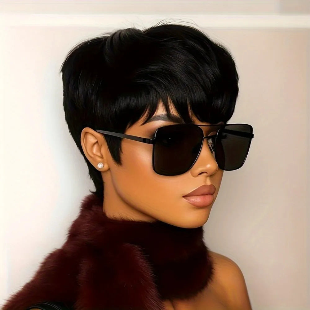 Women's Short Pixie Cut Human Hair Wig -full Machine Made 180% Density Human Hair Straight Natural Wig with Bangs