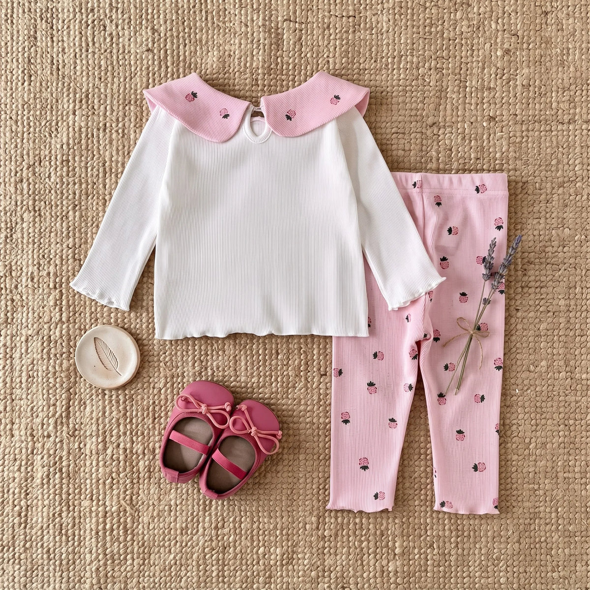 Baby Girls Strawberry Print Bow Collar Set, Infant Ribbed Long Sleeve Top & Strawberry Ruffle Leggings 2Pcs Outfit