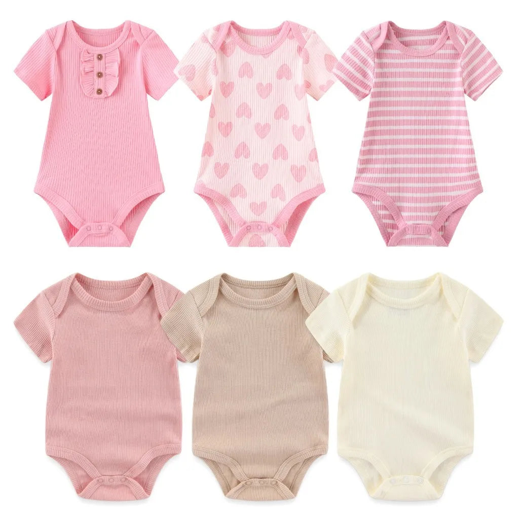 Newborn Ribbed Bodysuits Set 6PCS Cotton Baby Girl Clothes Animal Print Baby Boy clothes Solid Color Short Sleeve