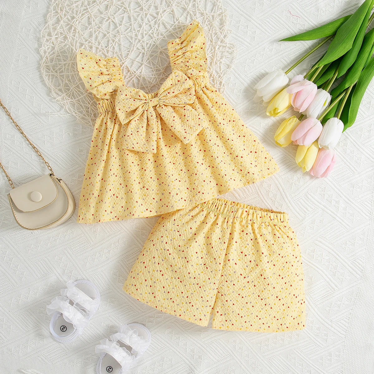 2pc/Set Baby SetS Summer Cotton Bow Top And Shorts Baby Clothing Adorable All-Over Heart Print Girl's Beach Set