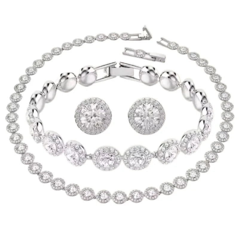 A Set of Jewelry S925 Sterling Silver Round Jewelry Set, Unique Earrings, Bracelet, Necklace, For Daily, Party, and Banquet Deco